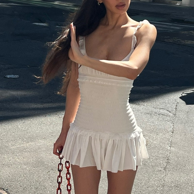 Women Clothing Spring Sexy Elegant Wooden Ear Pleated Strap Pleated Dress Short for Women Bella Mia